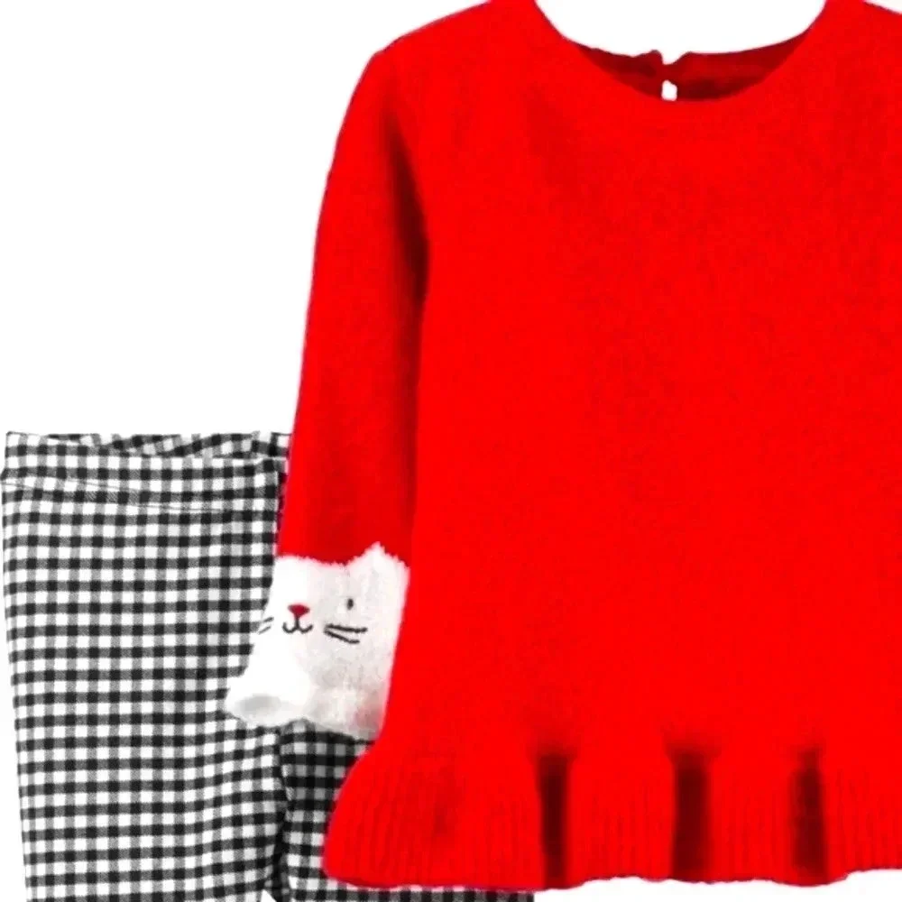 Carter’s Baby Girl 2-Piece Cat Face Red Sweater & Gingham Leggings Set 3M NWT